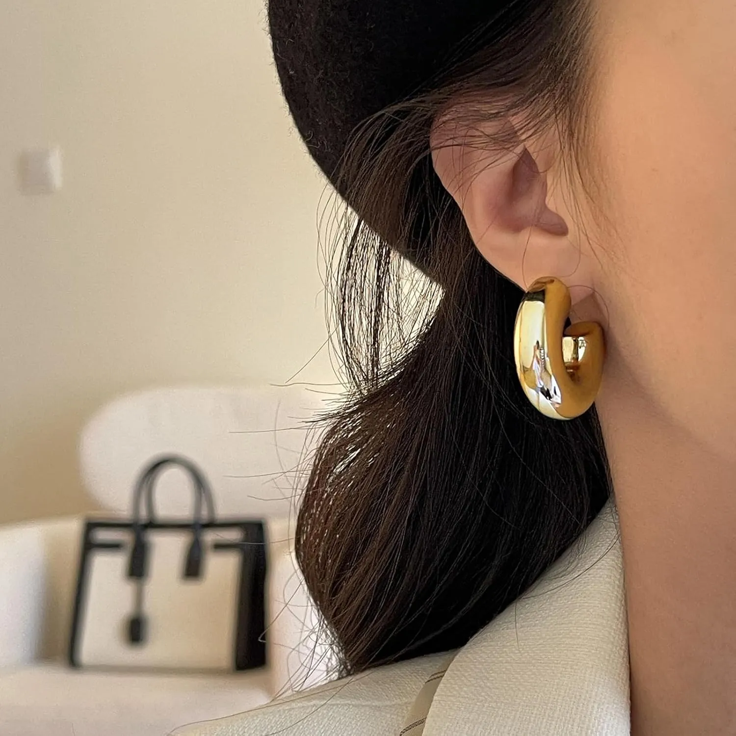 Chunky Gold Hoop Earrings for Women Trendy Brushed Gold Filled Hoop Earrings Big Thick Huggie Hoops Earrings Dainty Gold Jewelry Gift for Girls