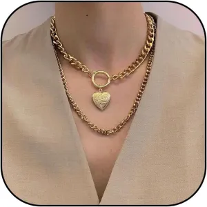 Chunky Gold Layered Necklaces for Women Trendy Retro Heart Locket Pendant Charm Necklace Cuban Chain Necklace Chunky Choker Necklaces Birthday Gifts