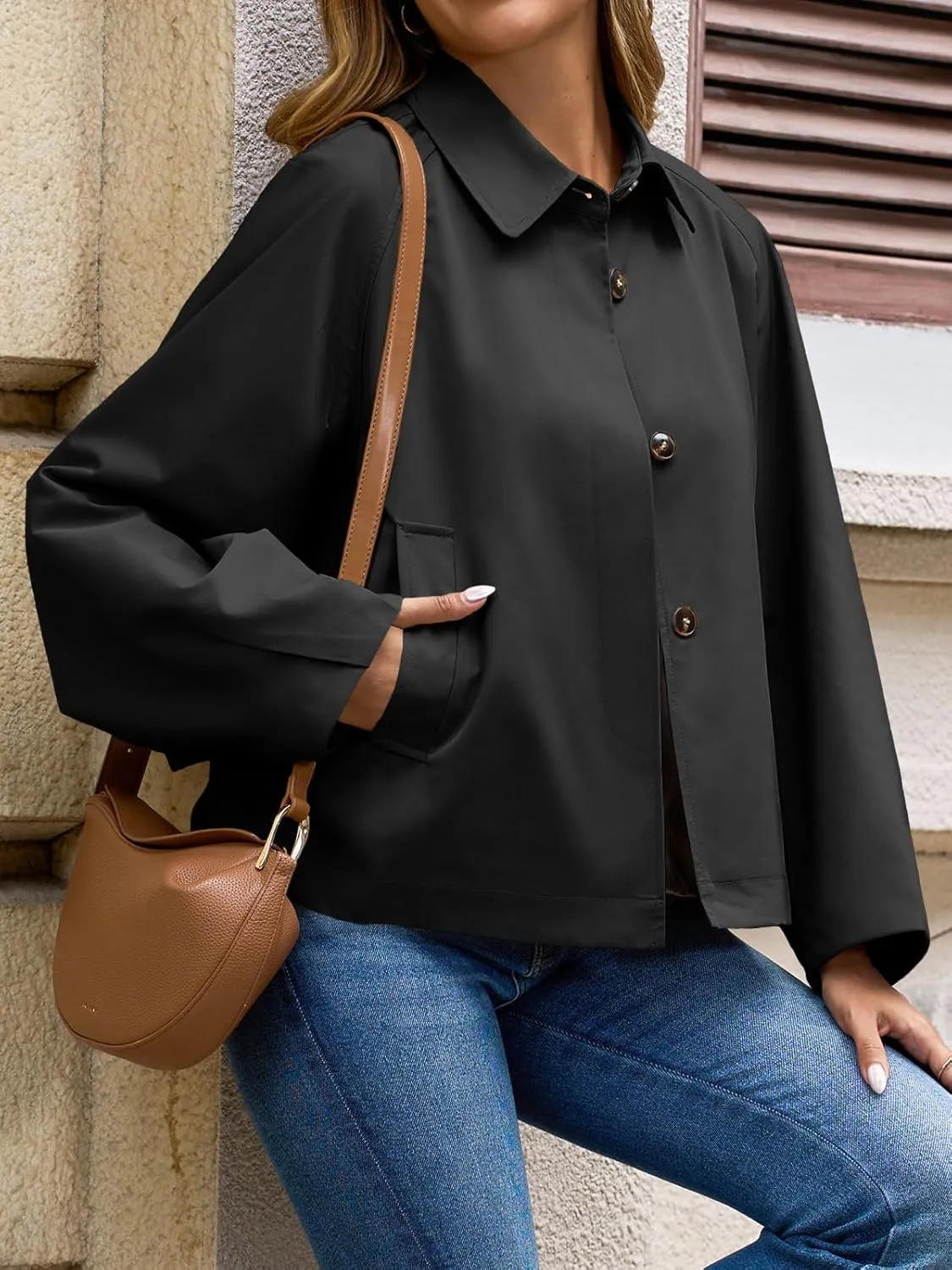 Cicy Bell Womens Oversized Cropped Trench Coats Batwing Sleeve Trendy Casual Jackets Button Up Outerwear