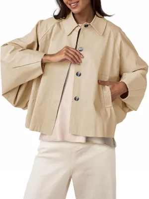 Cicy Bell Womens Oversized Cropped Trench Coats Batwing Sleeve Trendy Casual Jackets Button Up Outerwear