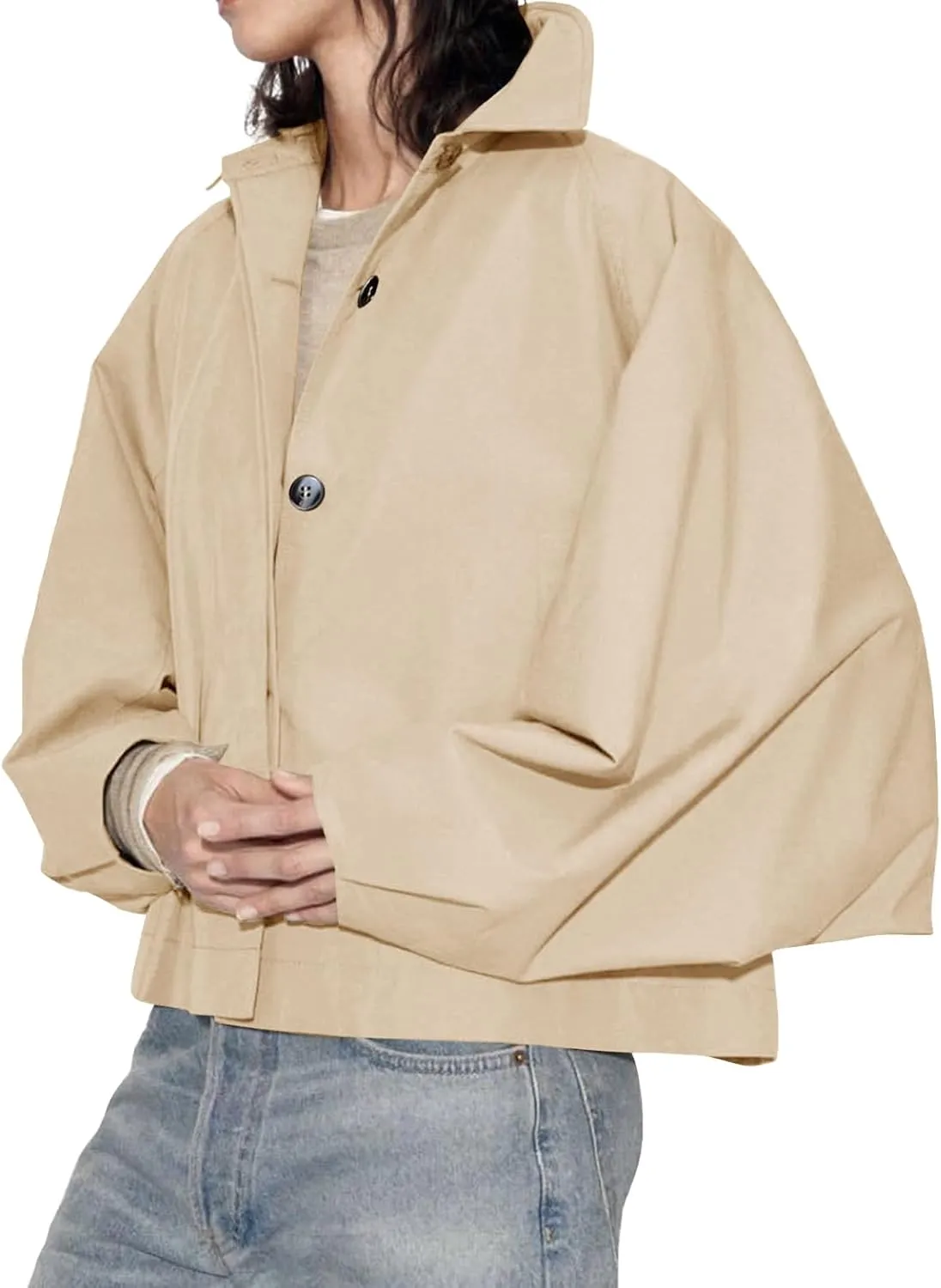 Cicy Bell Womens Oversized Cropped Trench Coats Batwing Sleeve Trendy Casual Jackets Button Up Outerwear