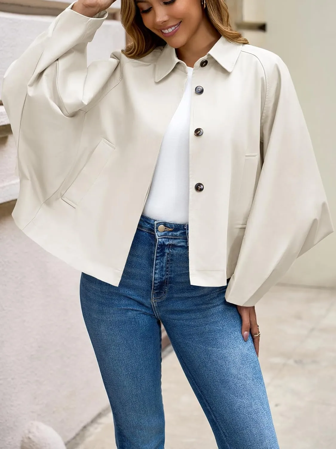 Cicy Bell Womens Oversized Cropped Trench Coats Batwing Sleeve Trendy Casual Jackets Button Up Outerwear