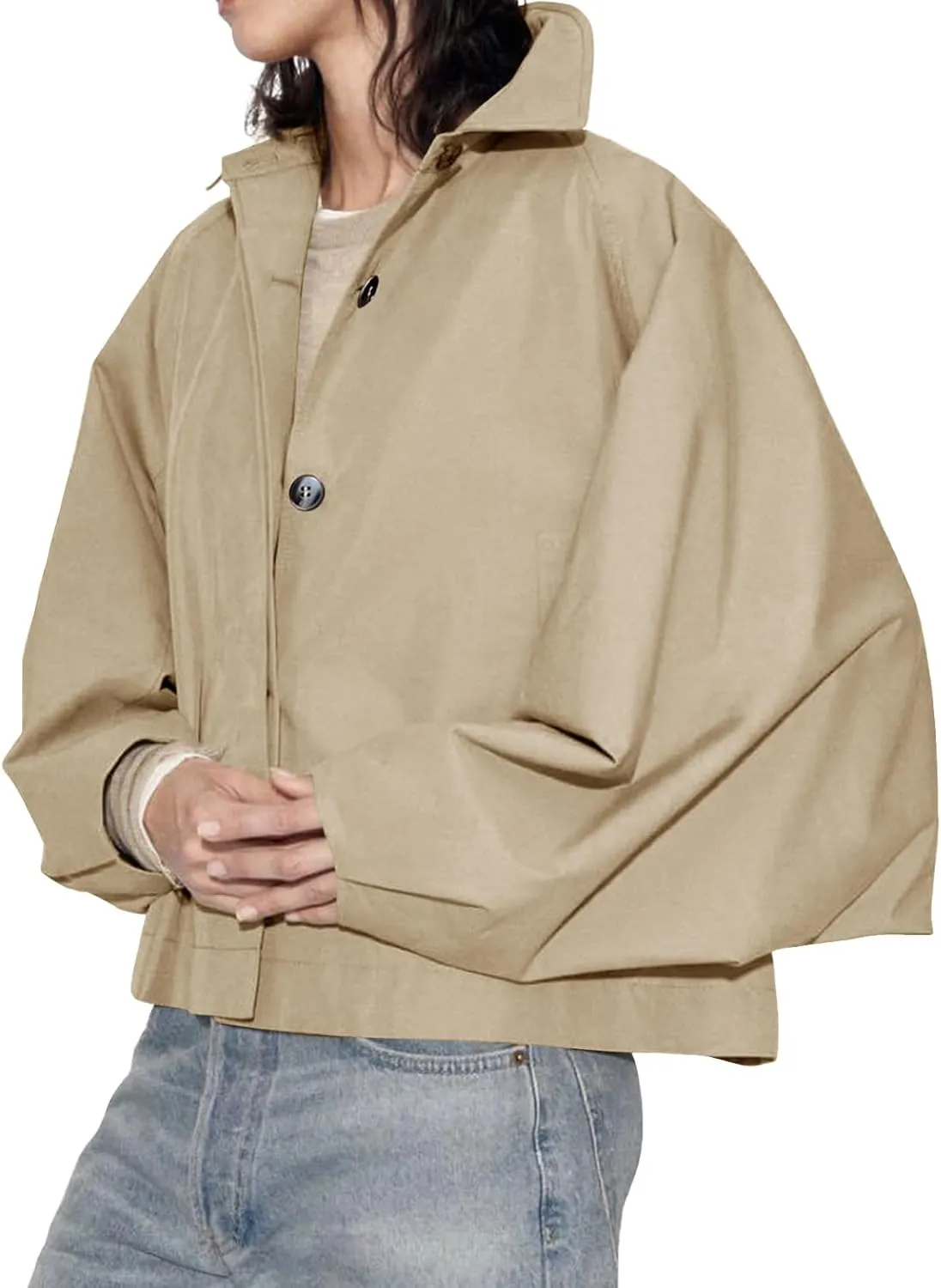 Cicy Bell Womens Oversized Cropped Trench Coats Batwing Sleeve Trendy Casual Jackets Button Up Outerwear