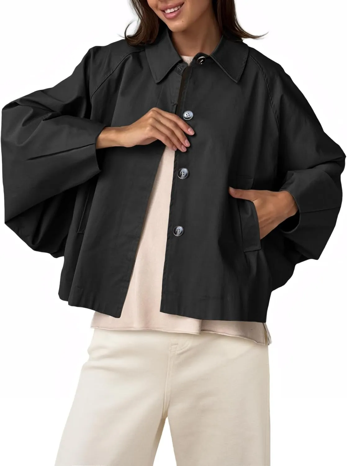 Cicy Bell Womens Oversized Cropped Trench Coats Batwing Sleeve Trendy Casual Jackets Button Up Outerwear