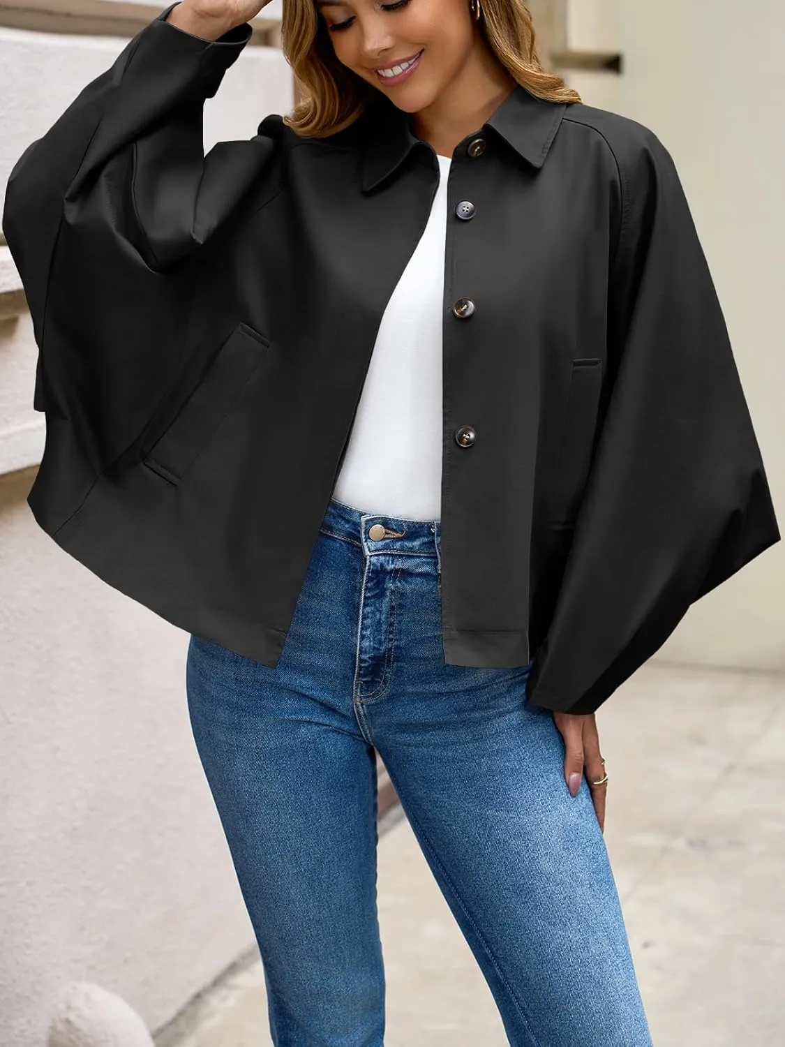 Cicy Bell Womens Oversized Cropped Trench Coats Batwing Sleeve Trendy Casual Jackets Button Up Outerwear