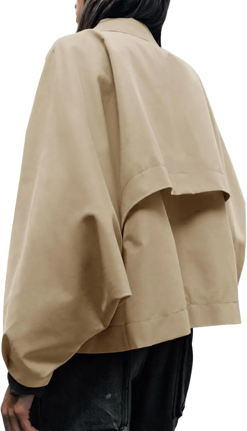 Cicy Bell Womens Oversized Cropped Trench Coats Batwing Sleeve Trendy Casual Jackets Button Up Outerwear