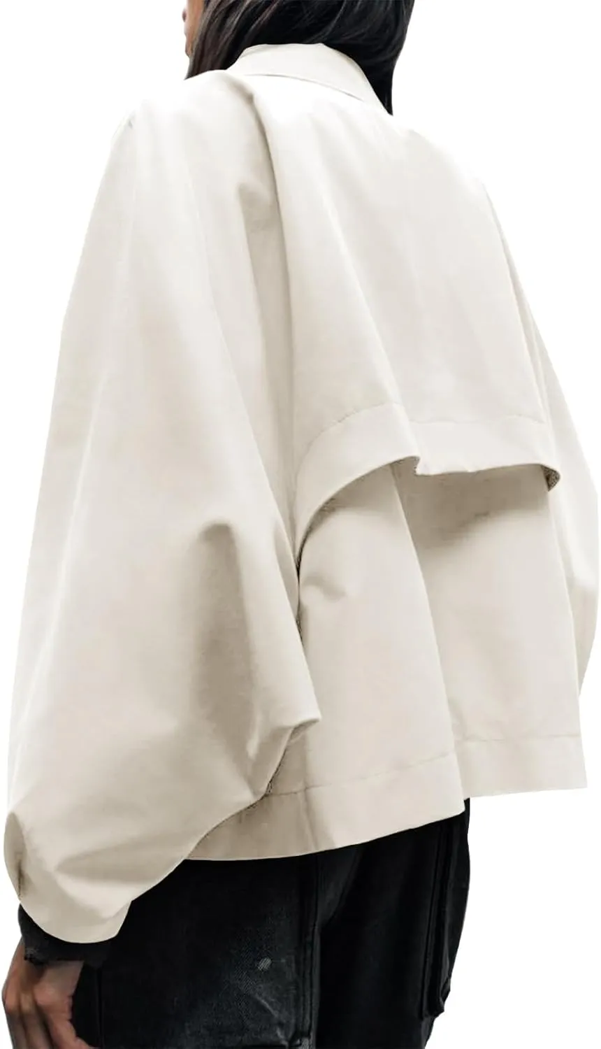 Cicy Bell Womens Oversized Cropped Trench Coats Batwing Sleeve Trendy Casual Jackets Button Up Outerwear