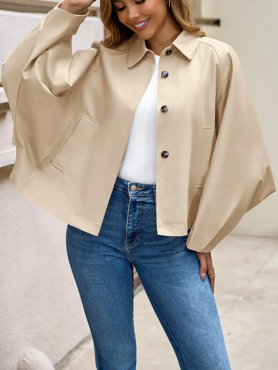 Cicy Bell Womens Oversized Cropped Trench Coats Batwing Sleeve Trendy Casual Jackets Button Up Outerwear