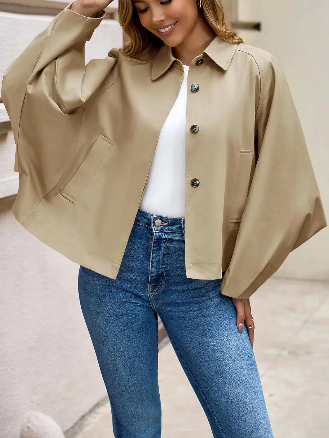 Cicy Bell Womens Oversized Cropped Trench Coats Batwing Sleeve Trendy Casual Jackets Button Up Outerwear