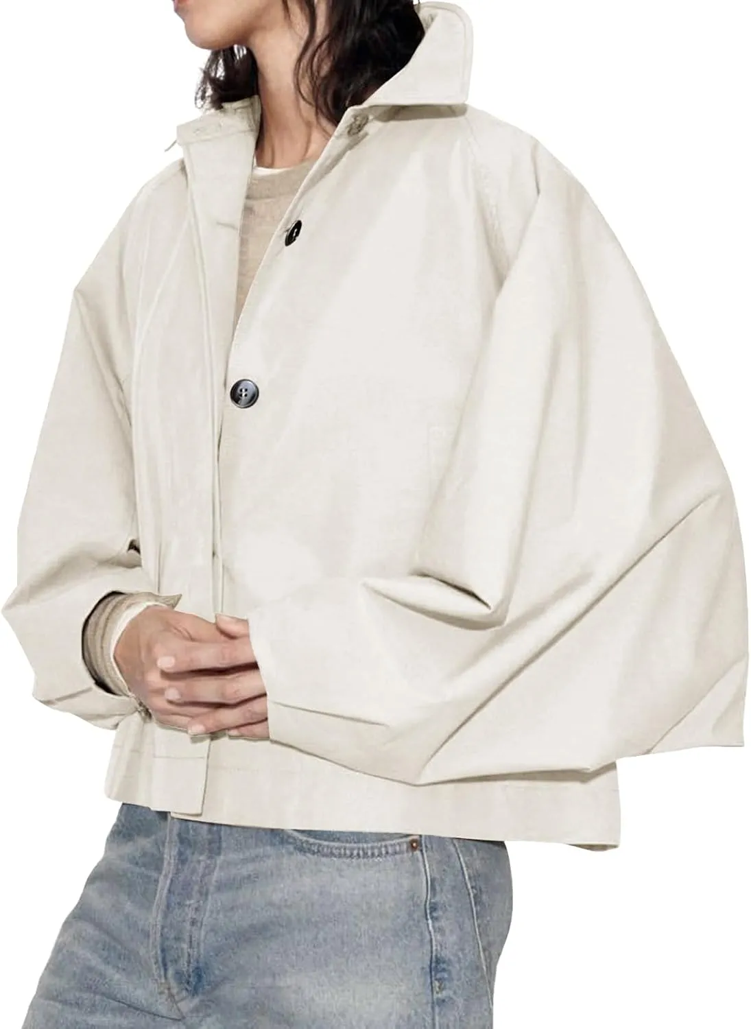 Cicy Bell Womens Oversized Cropped Trench Coats Batwing Sleeve Trendy Casual Jackets Button Up Outerwear