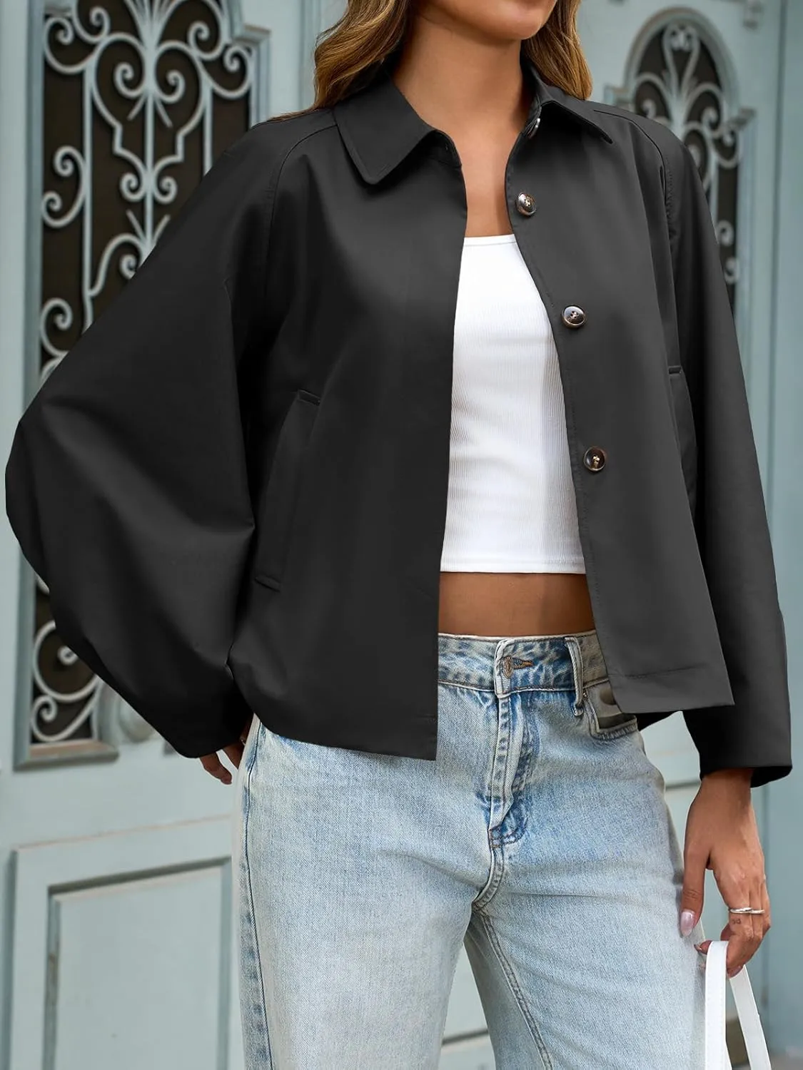 Cicy Bell Womens Oversized Cropped Trench Coats Batwing Sleeve Trendy Casual Jackets Button Up Outerwear