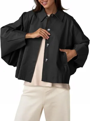 Cicy Bell Womens Oversized Cropped Trench Coats Batwing Sleeve Trendy Casual Jackets Button Up Outerwear