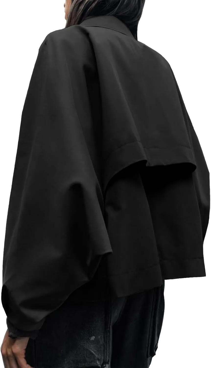 Cicy Bell Womens Oversized Cropped Trench Coats Batwing Sleeve Trendy Casual Jackets Button Up Outerwear