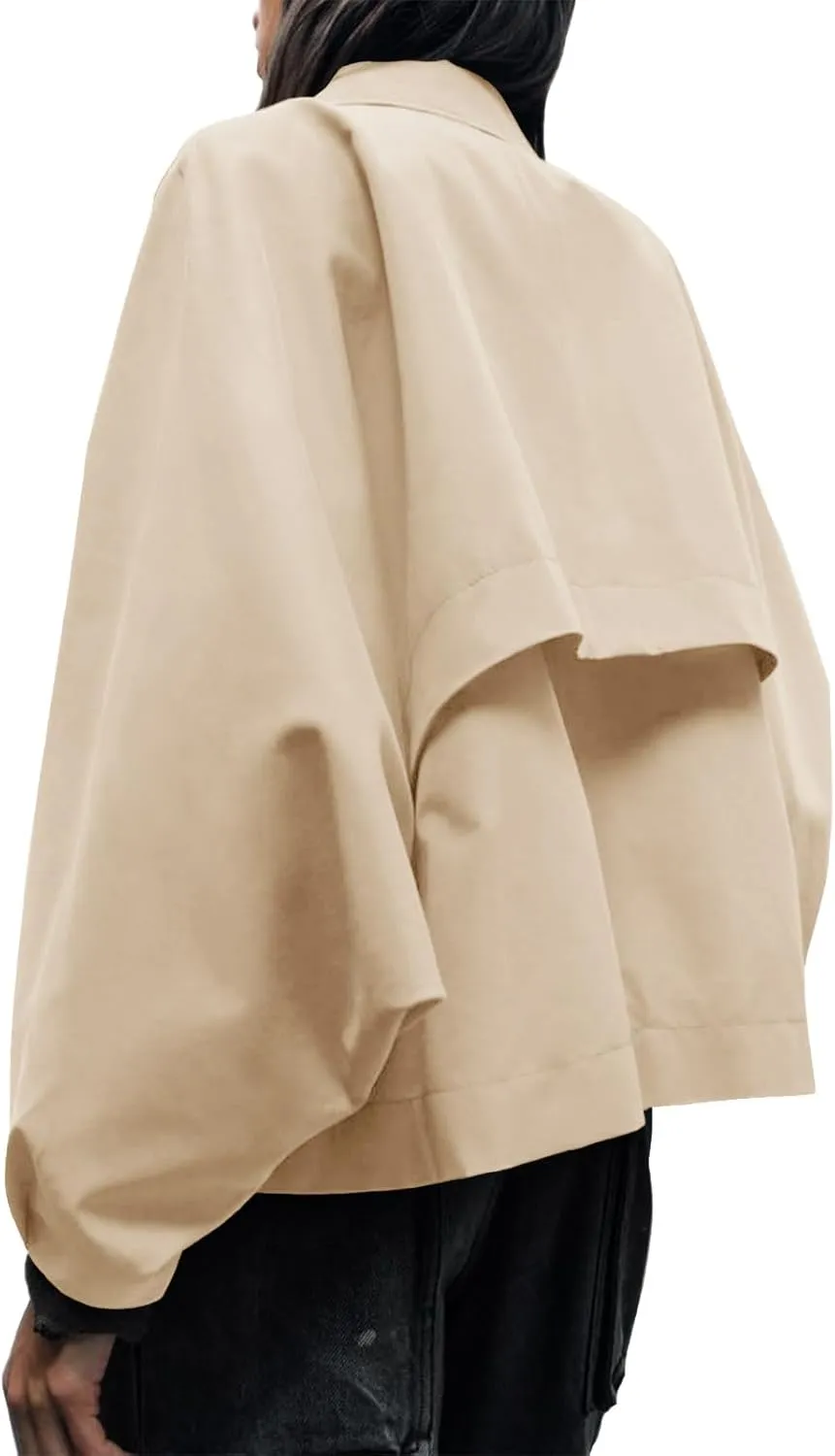 Cicy Bell Womens Oversized Cropped Trench Coats Batwing Sleeve Trendy Casual Jackets Button Up Outerwear