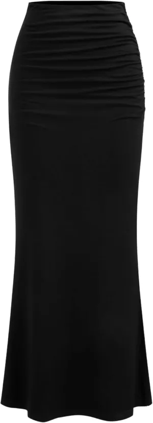 CIDER Mid Waist Skirts for Women Solid Ruched Bodycon Long Maxi Skirt Casual Fishtail Pencil Skirt