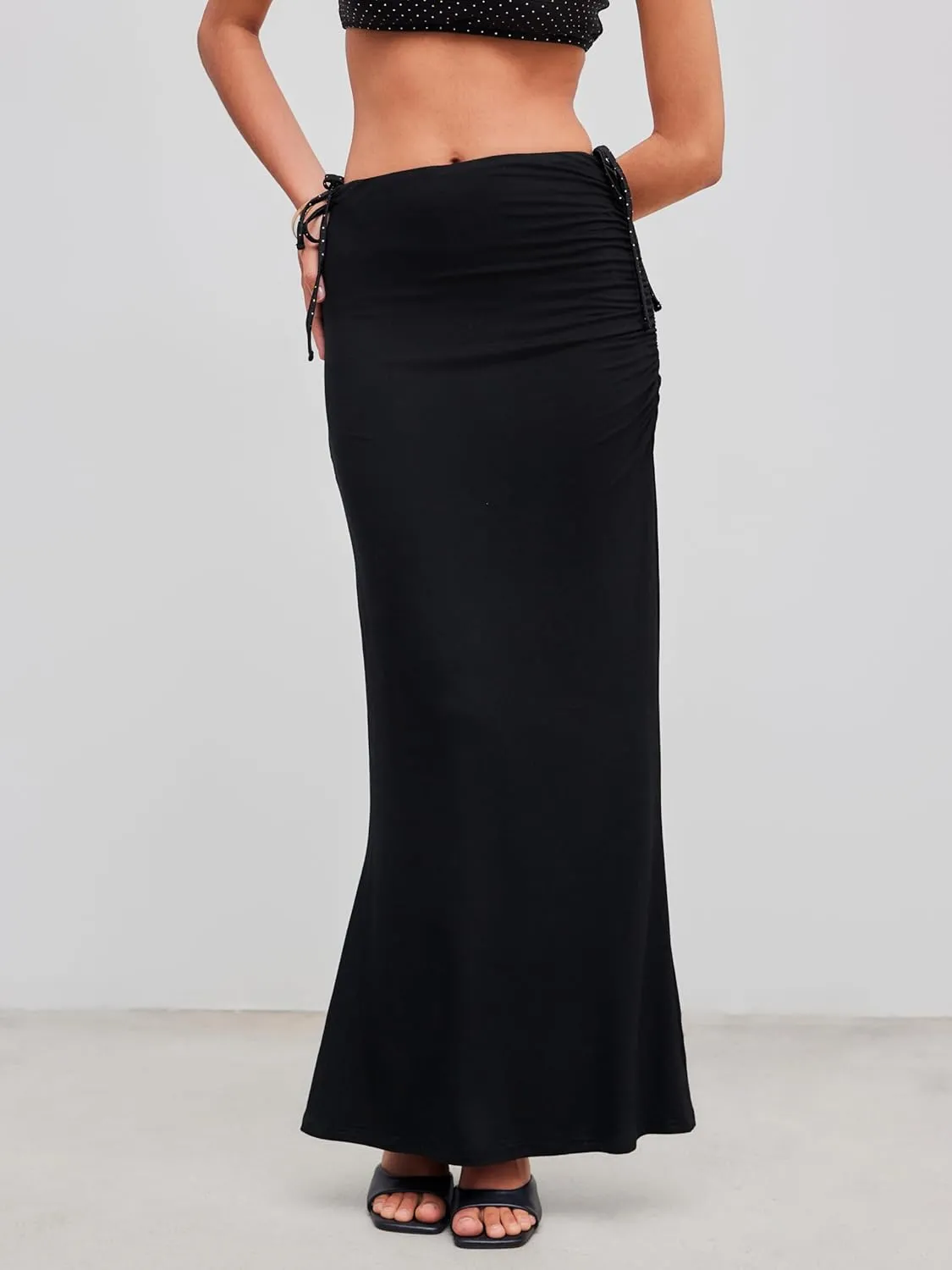 CIDER Mid Waist Skirts for Women Solid Ruched Bodycon Long Maxi Skirt Casual Fishtail Pencil Skirt