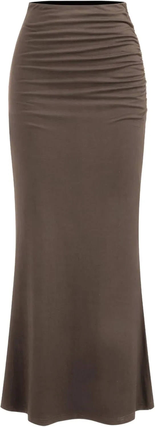 CIDER Mid Waist Skirts for Women Solid Ruched Bodycon Long Maxi Skirt Casual Fishtail Pencil Skirt