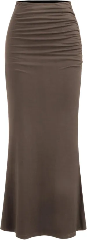 CIDER Mid Waist Skirts for Women Solid Ruched Bodycon Long Maxi Skirt Casual Fishtail Pencil Skirt