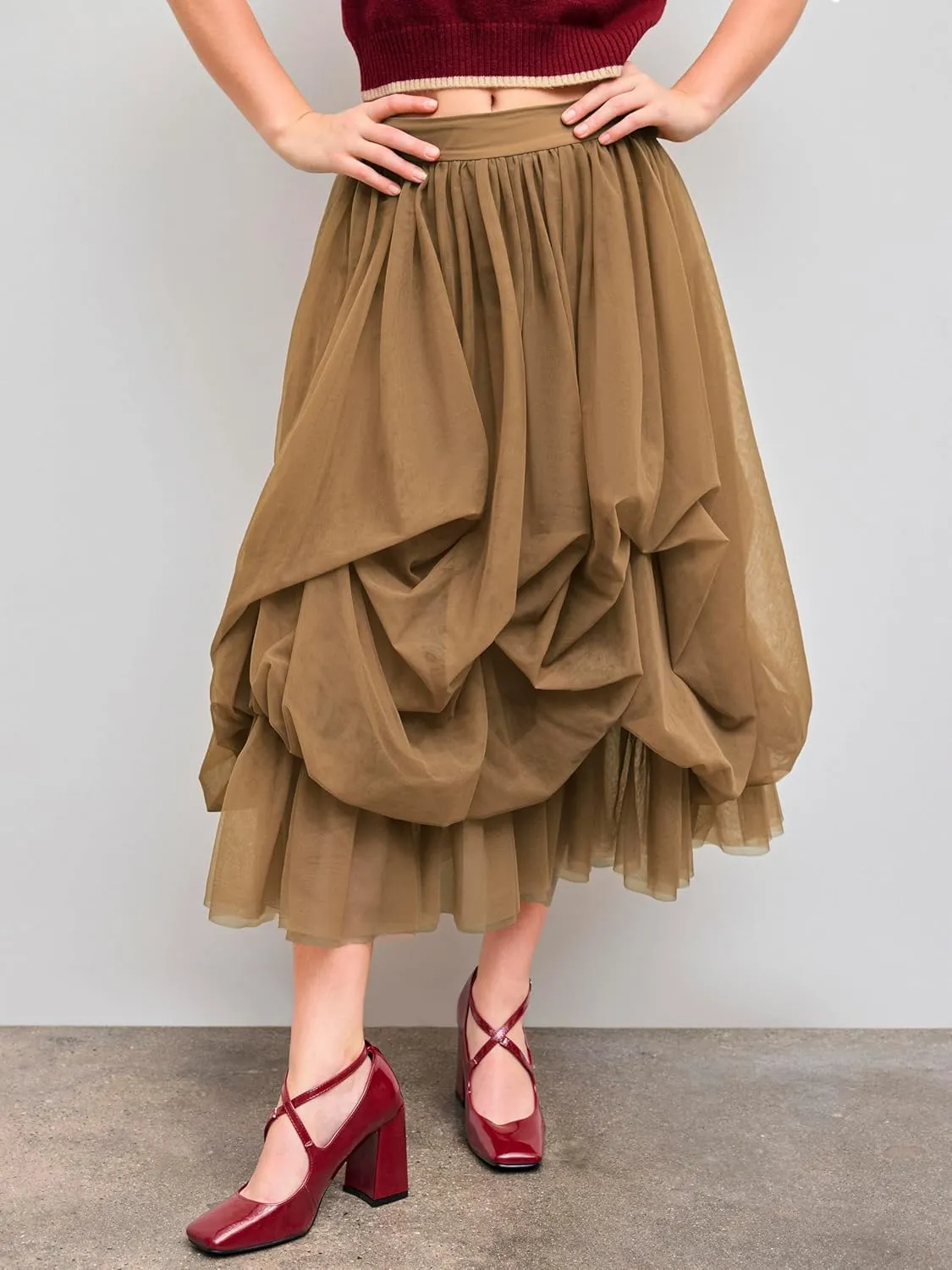 CIDER Tulle Skirts for Women Mesh Mid Waist Ruffle Long Skirt Maxi Skirt Layered A Line Tulle Tutu Skirt