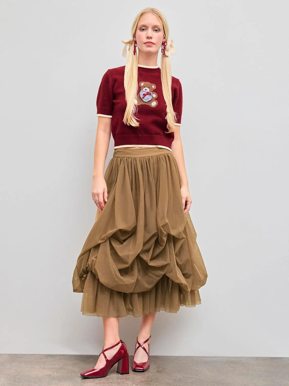 CIDER Tulle Skirts for Women Mesh Mid Waist Ruffle Long Skirt Maxi Skirt Layered A Line Tulle Tutu Skirt