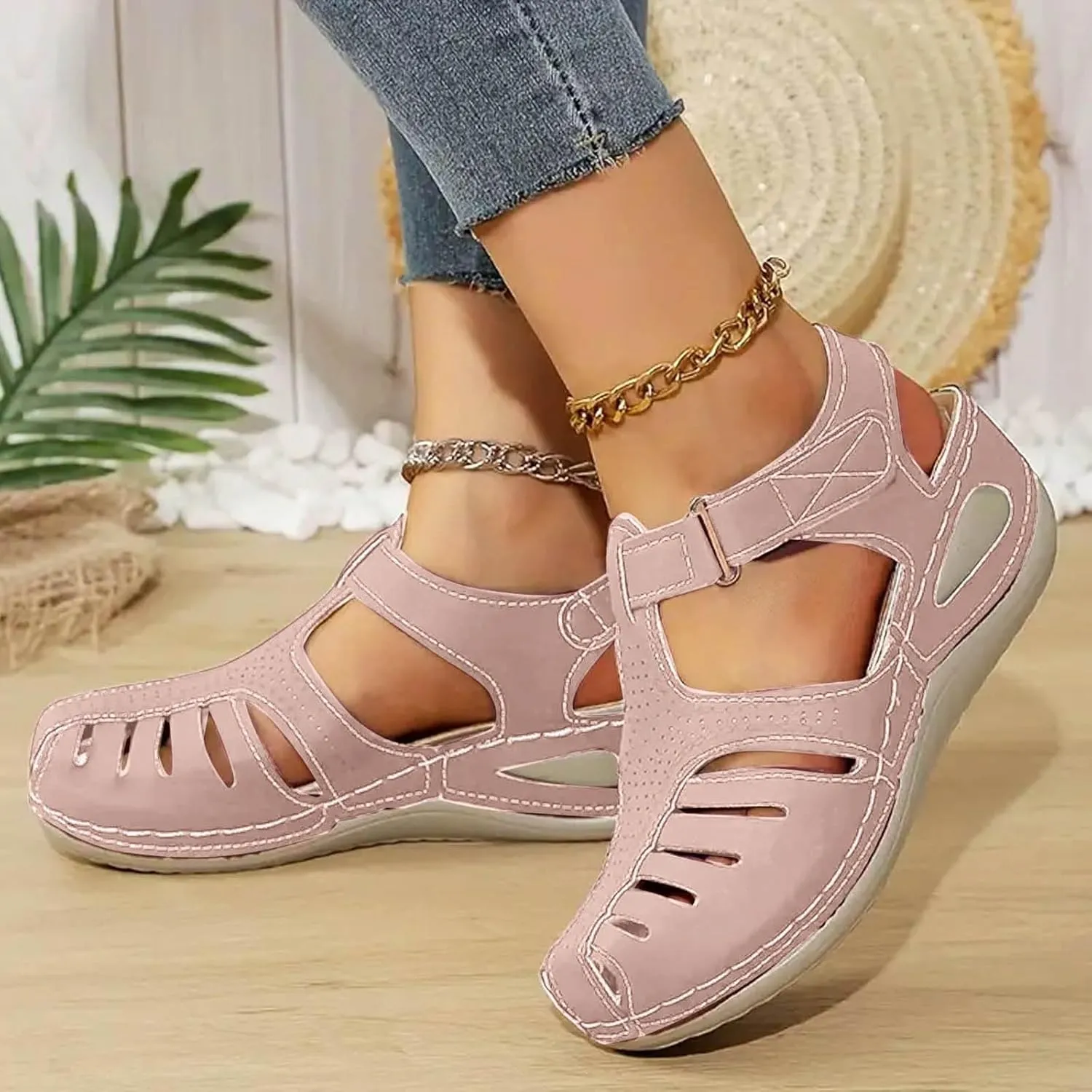 Closed Toe Sandals Women Flat Dressy Comfortable Slip On Sandals Non Slip Platform Wedge Sandals Walking Sandals