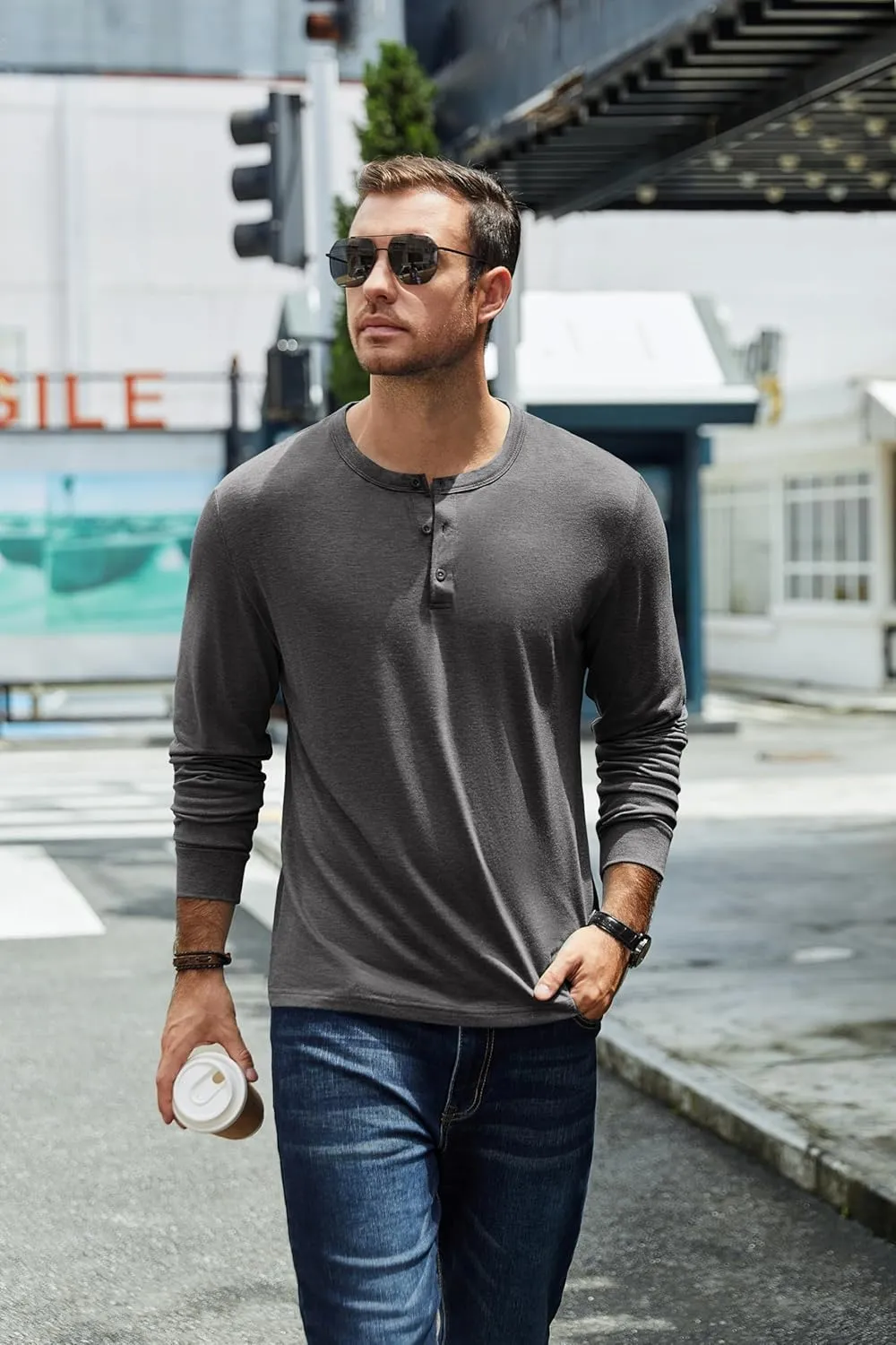 COOFANDY Men's Henley T-Shirt Long Sleeve Casual Lightweight Pullover Shirts Soft Stretch Basic Tees Fall Tops