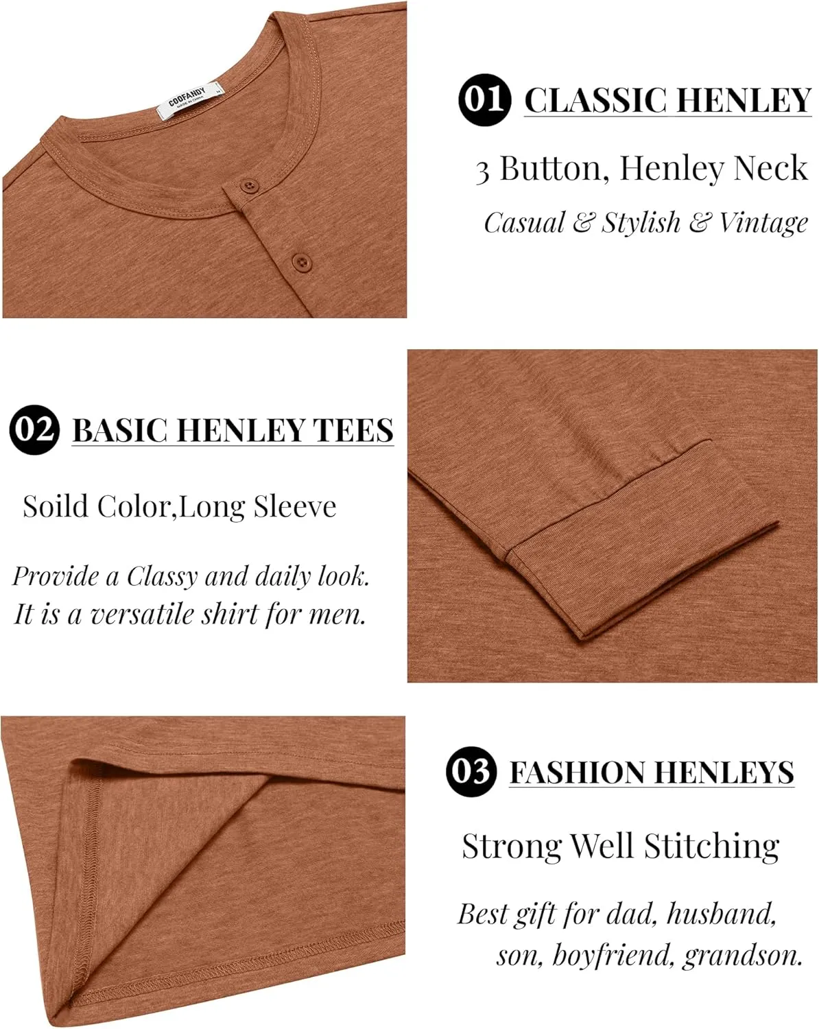 COOFANDY Men's Henley T-Shirt Long Sleeve Casual Lightweight Pullover Shirts Soft Stretch Basic Tees Fall Tops