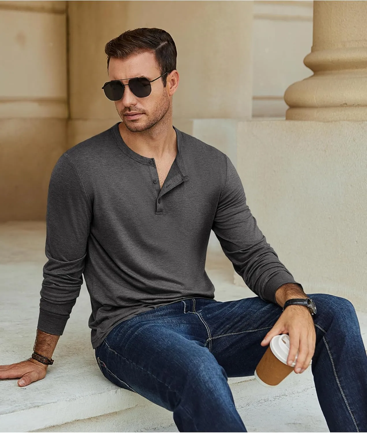 COOFANDY Men's Henley T-Shirt Long Sleeve Casual Lightweight Pullover Shirts Soft Stretch Basic Tees Fall Tops