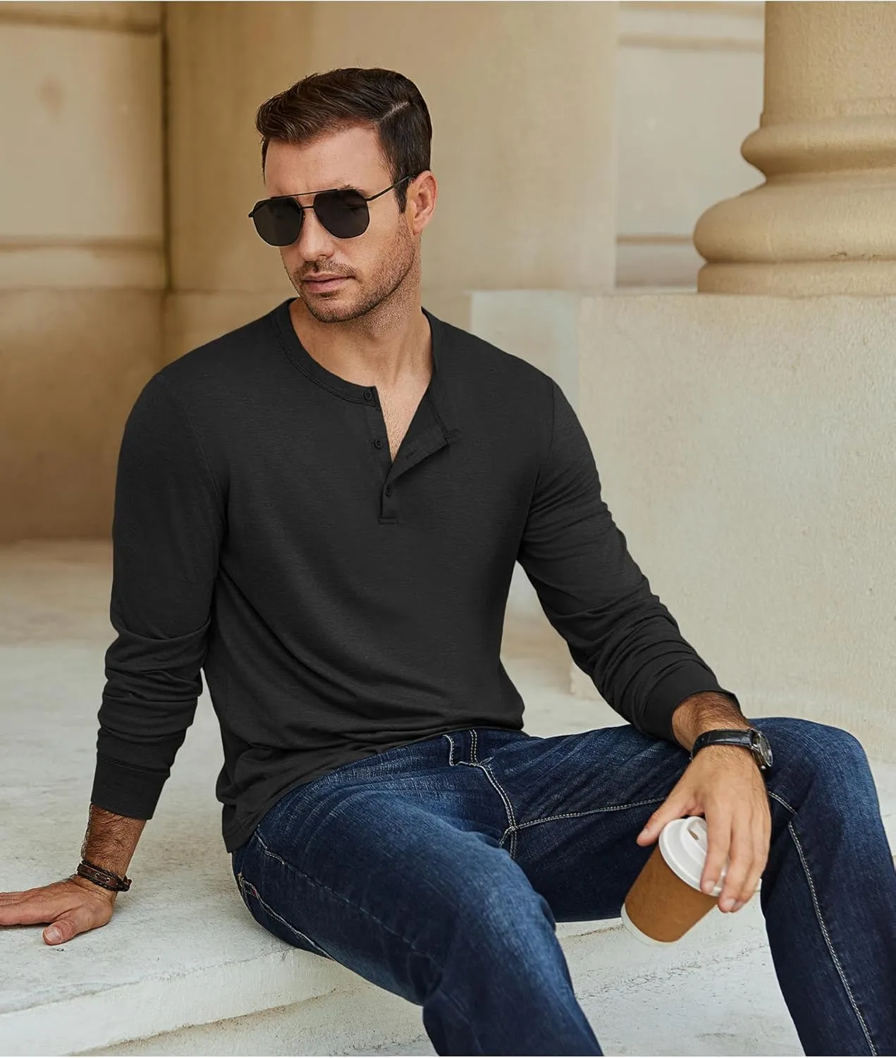 COOFANDY Men's Henley T-Shirt Long Sleeve Casual Lightweight Pullover Shirts Soft Stretch Basic Tees Fall Tops