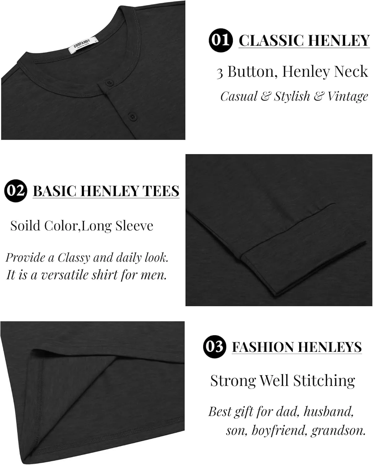 COOFANDY Men's Henley T-Shirt Long Sleeve Casual Lightweight Pullover Shirts Soft Stretch Basic Tees Fall Tops