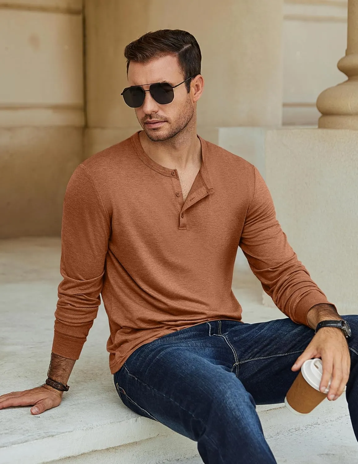 COOFANDY Men's Henley T-Shirt Long Sleeve Casual Lightweight Pullover Shirts Soft Stretch Basic Tees Fall Tops