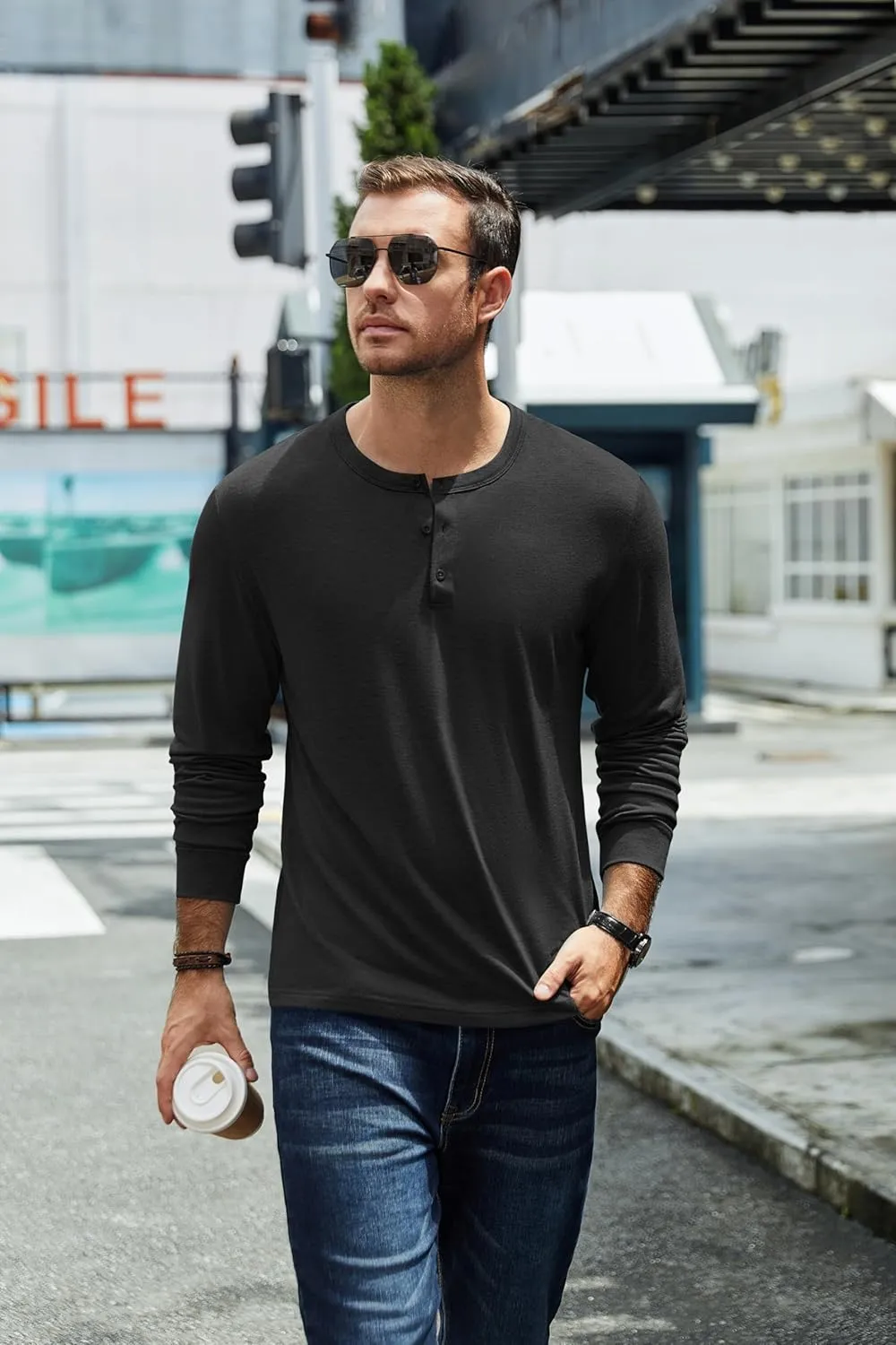 COOFANDY Men's Henley T-Shirt Long Sleeve Casual Lightweight Pullover Shirts Soft Stretch Basic Tees Fall Tops