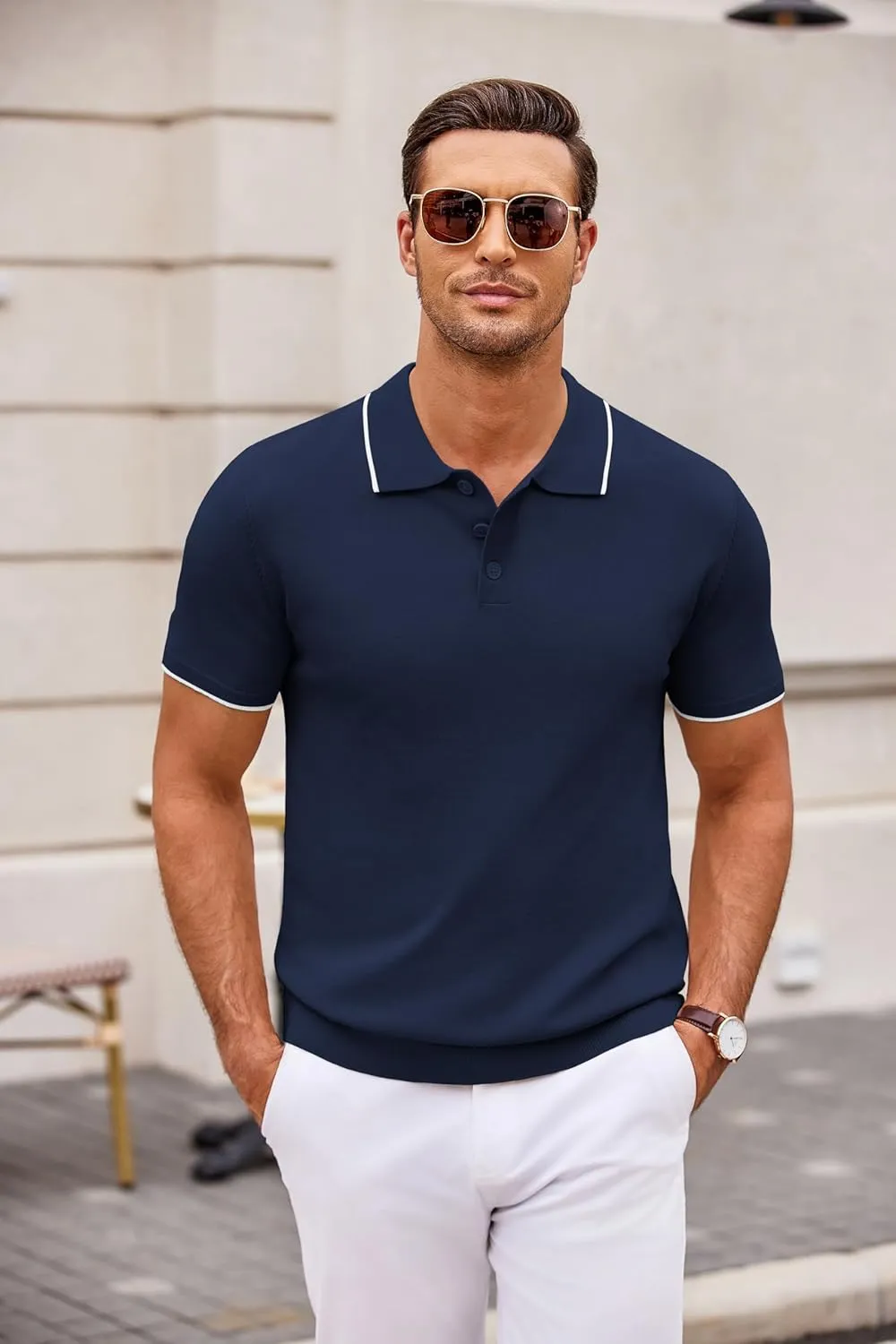 COOFANDY Mens Knit Polo Shirts Casual Short Sleeve Button Down Polo Shirt Classic Golf Shirts