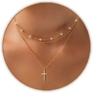 Cross Necklace for Women Gold/Silver Plated Layered Dainty Cross Chain Trendy Choker Satellite Charm Small Crucifix Pendant Gold/Silver Necklace Stackable Hypoallergenic Delicate Gift for Women