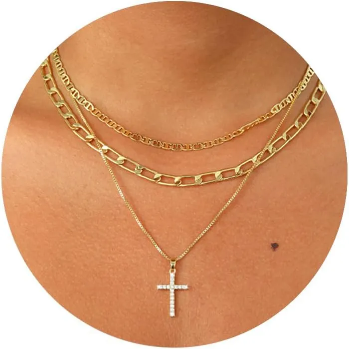 Cross Necklace for Women Trendy 14K Gold/Silver Plated Layered Crucifix Necklaces for Women Paperclip Flat Beaded Herringbone Necklace CZ Pendant Simple Religious Minimalist Jewelry Gift