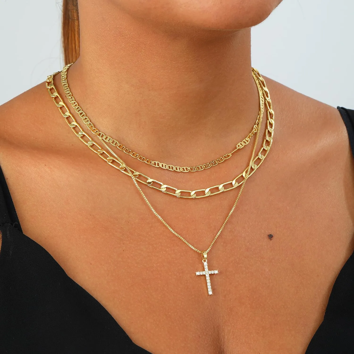 Cross Necklace for Women Trendy 14K Gold/Silver Plated Layered Crucifix Necklaces for Women Paperclip Flat Beaded Herringbone Necklace CZ Pendant Simple Religious Minimalist Jewelry Gift