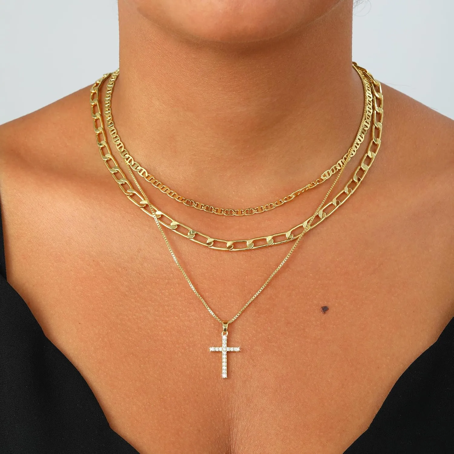 Cross Necklace for Women Trendy 14K Gold/Silver Plated Layered Crucifix Necklaces for Women Paperclip Flat Beaded Herringbone Necklace CZ Pendant Simple Religious Minimalist Jewelry Gift