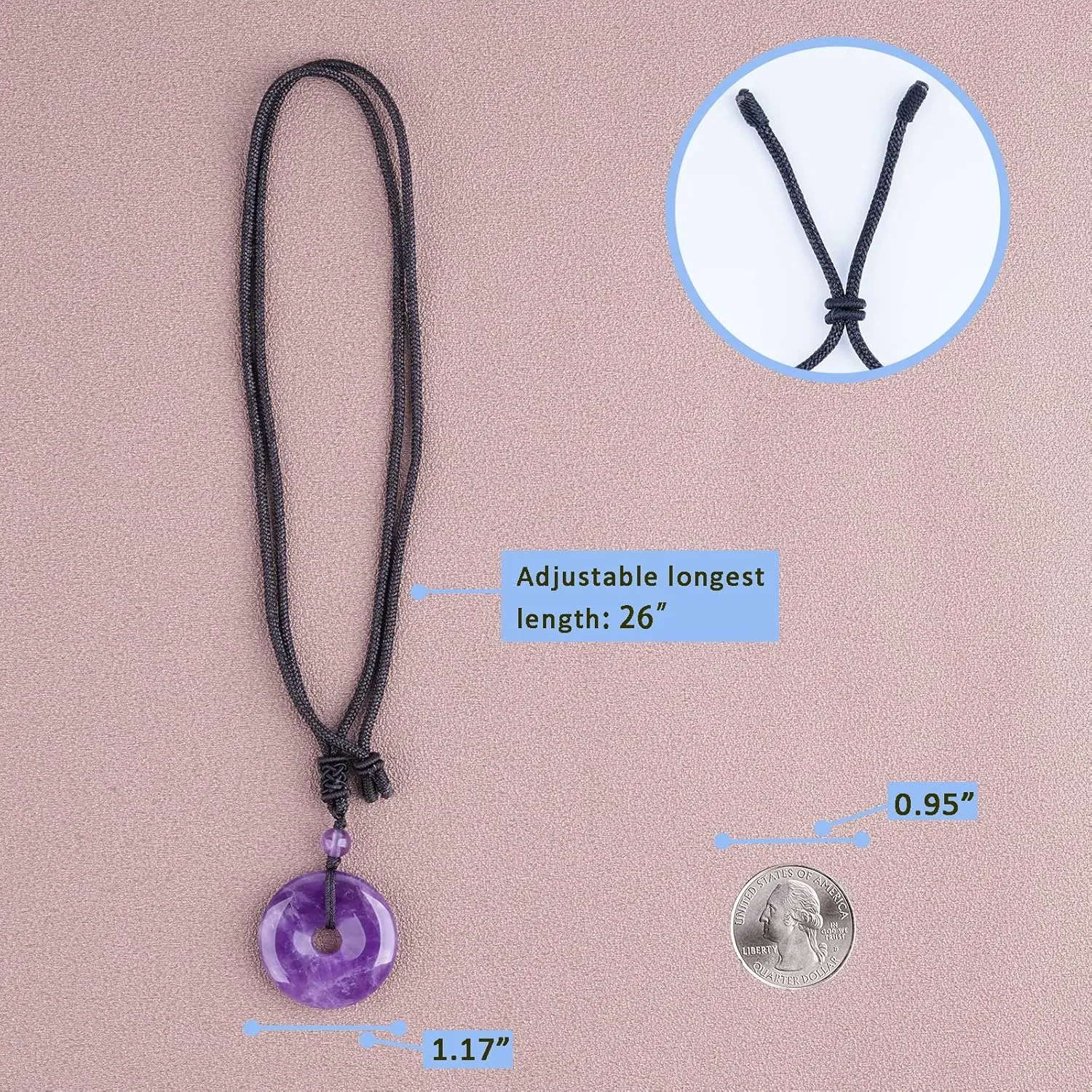 Crystal Necklace Lucky Coin Healing Crystal and Stone Pendant with Adjustable Rope Natural Quartz 30mm Round Cricle Gemstone Necklaces Jewelry