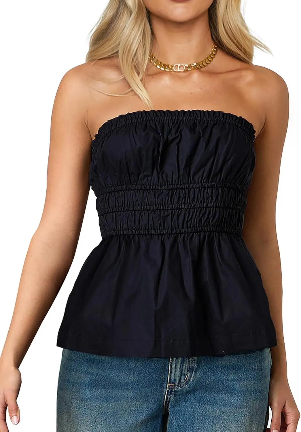 CSDAJIO Ruched Smocked Tube Tops for Women Long Strapless Shirt Backless Going Out Peplum Ruffle Bandeau Top