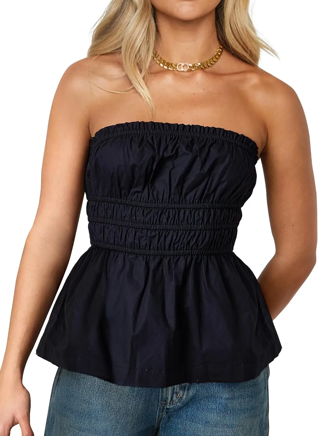 CSDAJIO Ruched Smocked Tube Tops for Women Long Strapless Shirt Backless Going Out Peplum Ruffle Bandeau Top
