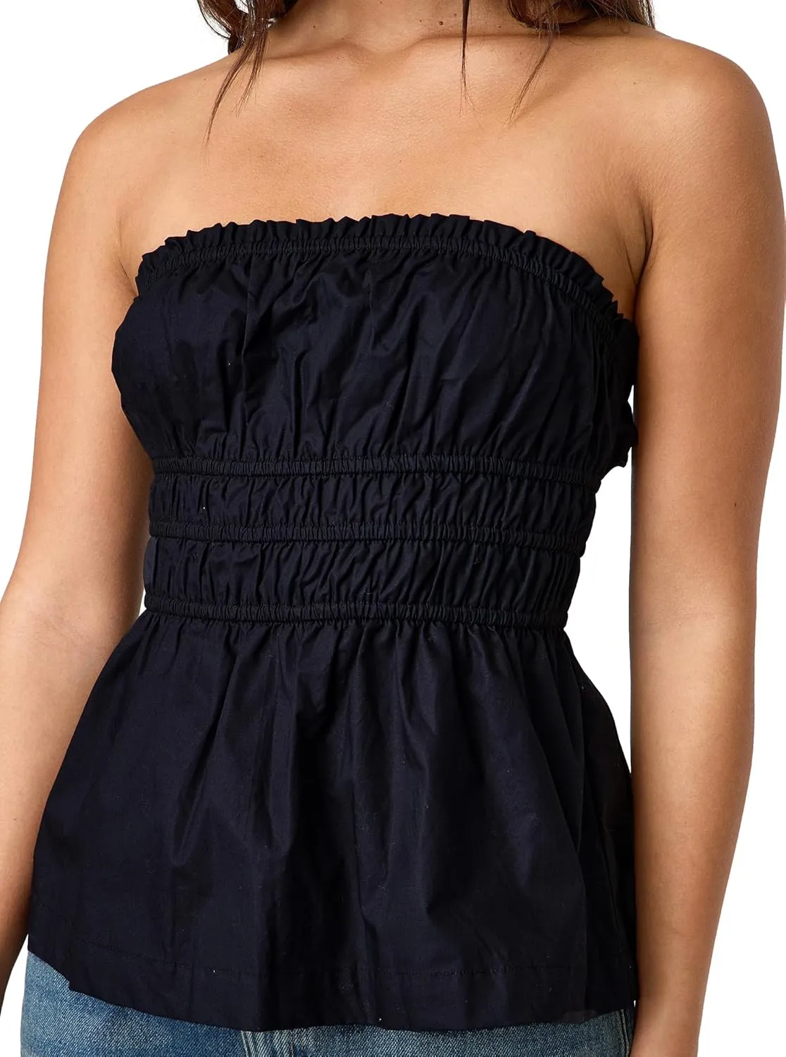 CSDAJIO Ruched Smocked Tube Tops for Women Long Strapless Shirt Backless Going Out Peplum Ruffle Bandeau Top