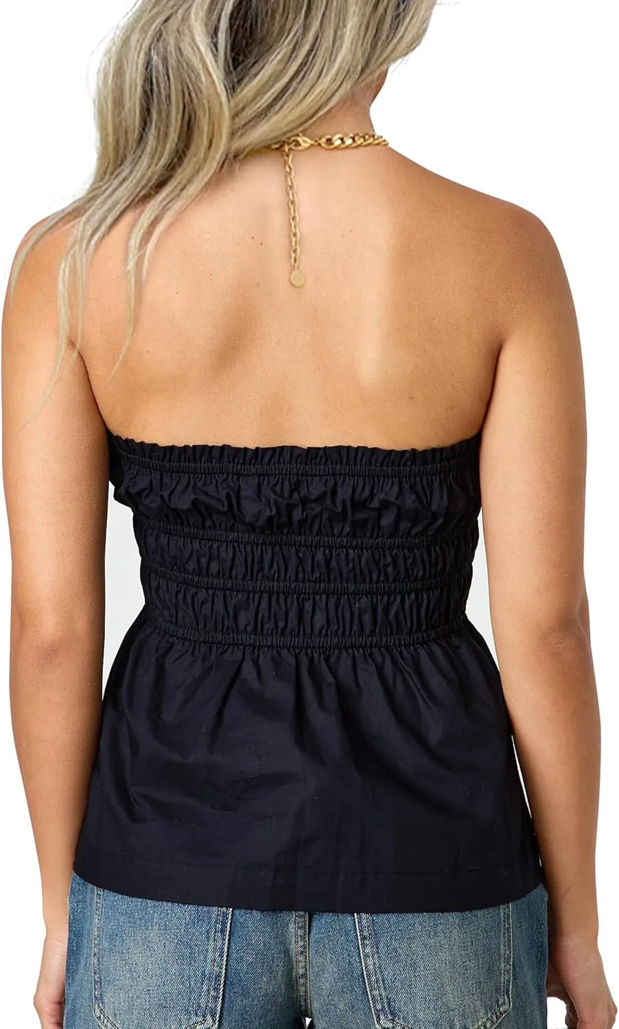 CSDAJIO Ruched Smocked Tube Tops for Women Long Strapless Shirt Backless Going Out Peplum Ruffle Bandeau Top