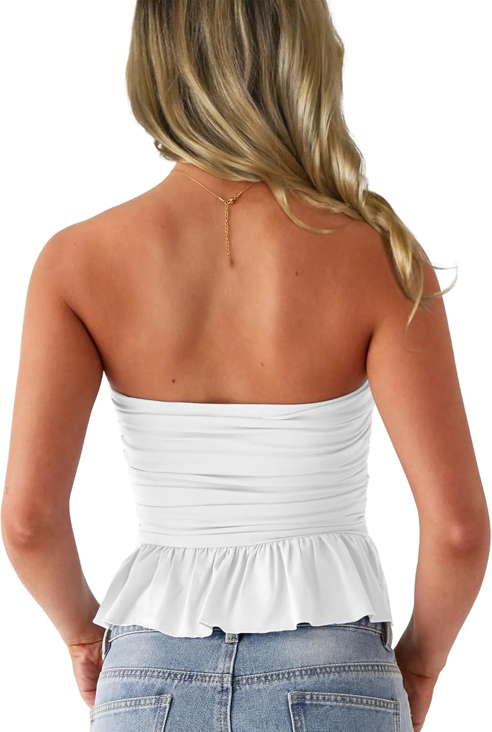 CSDAJIO Ruched Tube Tops for Women Double Lined Strapless Shirt Going Out Bubble Hem Ruffle Bandeau Top