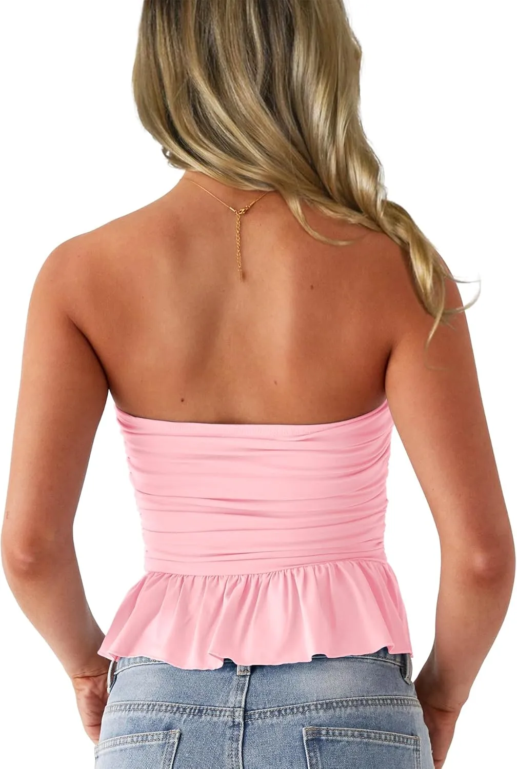 CSDAJIO Ruched Tube Tops for Women Double Lined Strapless Shirt Going Out Bubble Hem Ruffle Bandeau Top