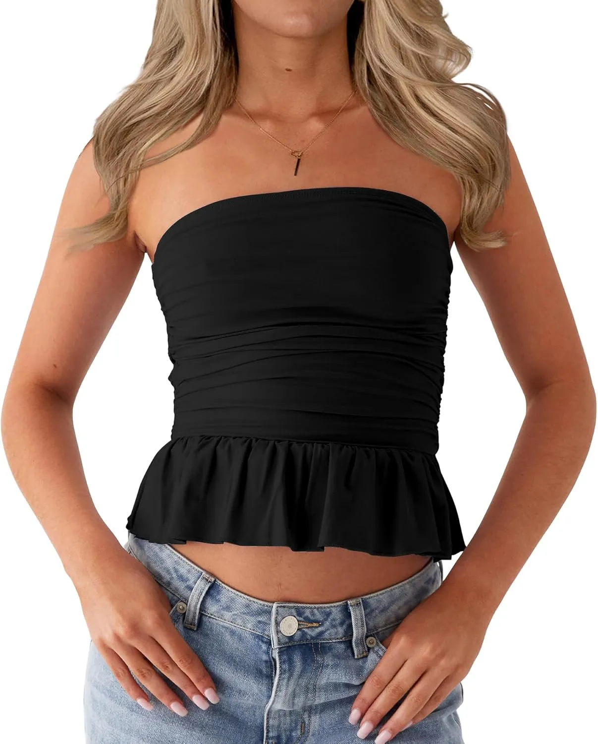 CSDAJIO Ruched Tube Tops for Women Double Lined Strapless Shirt Going Out Bubble Hem Ruffle Bandeau Top