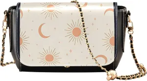 Cute Print Women Shoulder Leather Bags, Sun Moon Contemporary Women Crossbody Purse Medium Satchel Chain Strap