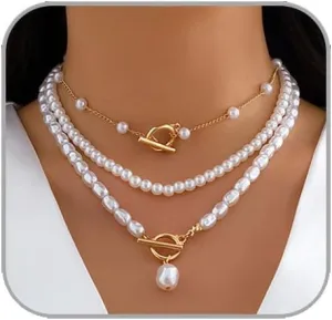 Dainty Layered Pearl Necklaces for Women Gold/Silver Paperclip Chain Pearl Choker Necklaces for Women Vintage Toggle Necklace Chunky Baroque Pearl Necklace