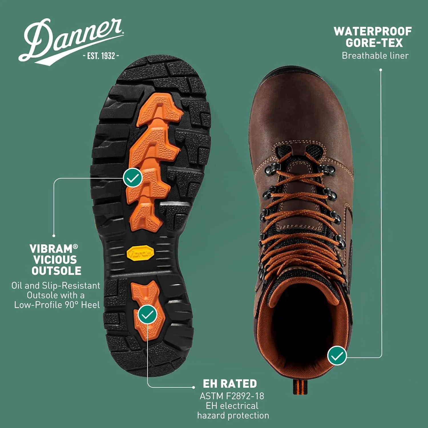 Danner Vicious 8 Waterproof Work Boots for Men - Full-Grain Leather with Breathable Gore-Tex Lining, Speed Lace System & Non Slip Heeled Outsole