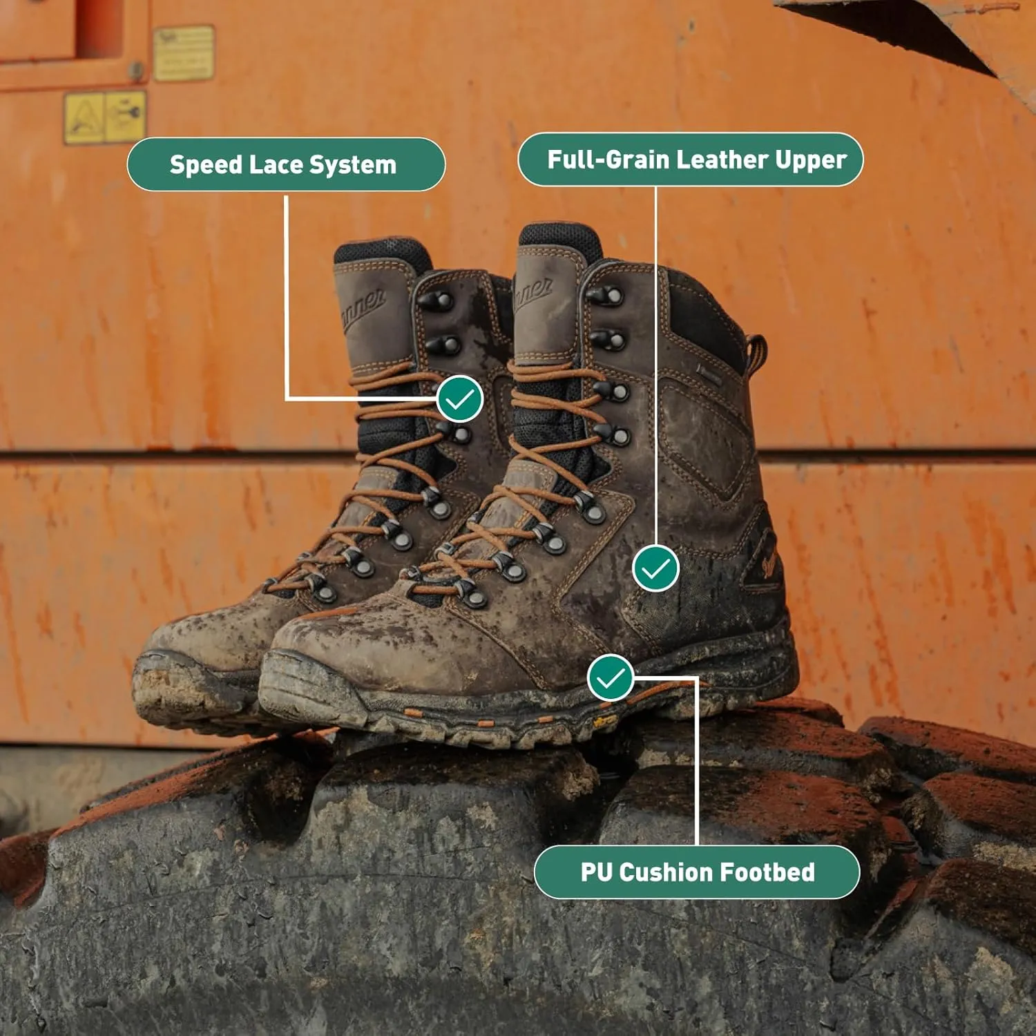 Danner Vicious 8 Waterproof Work Boots for Men - Full-Grain Leather with Breathable Gore-Tex Lining, Speed Lace System & Non Slip Heeled Outsole