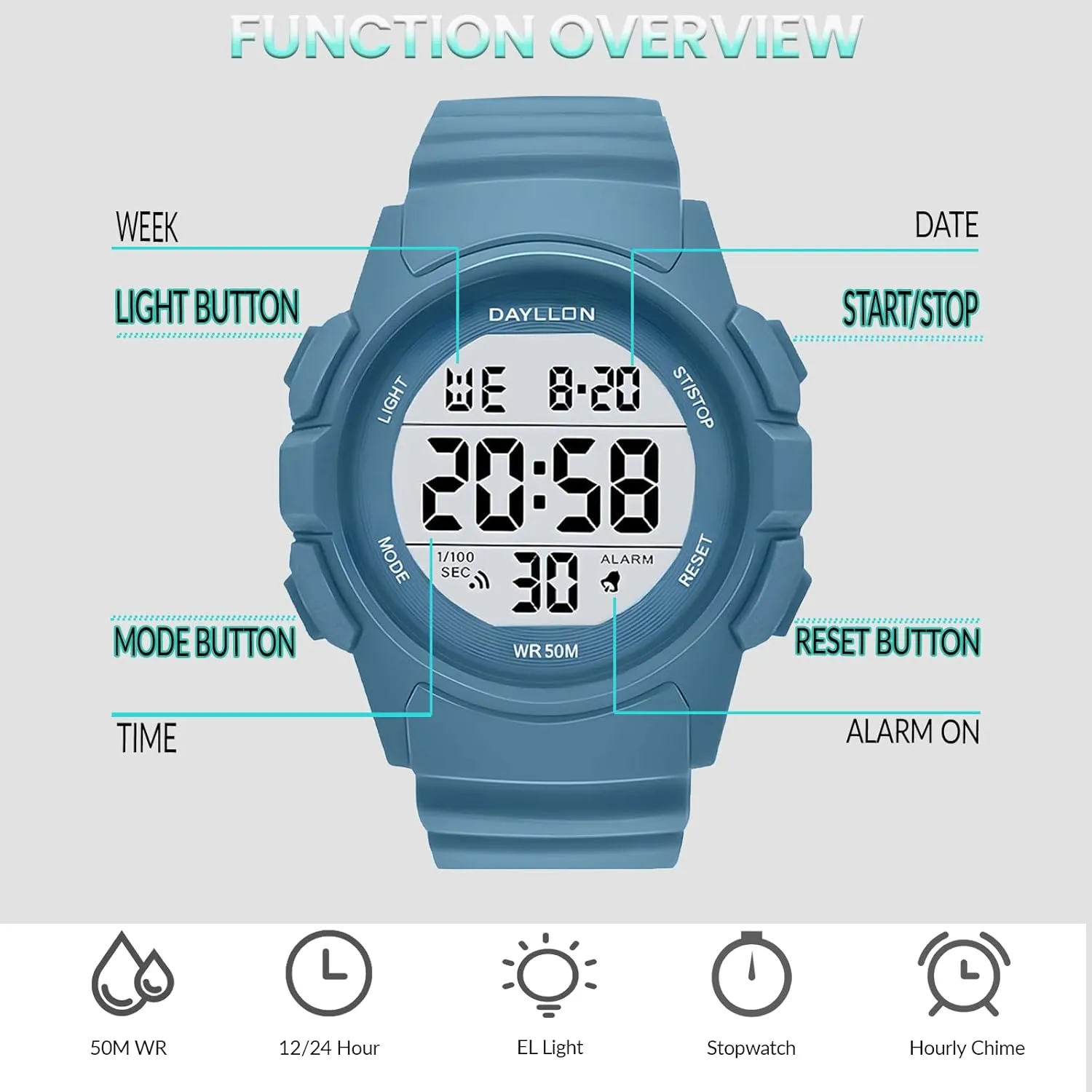 Dayllon Watch for Men Digital Sports Watches Waterproof Military Multifunction Chronograph Stopwatch Wristwatch with LED Backlight/Alarm/Date